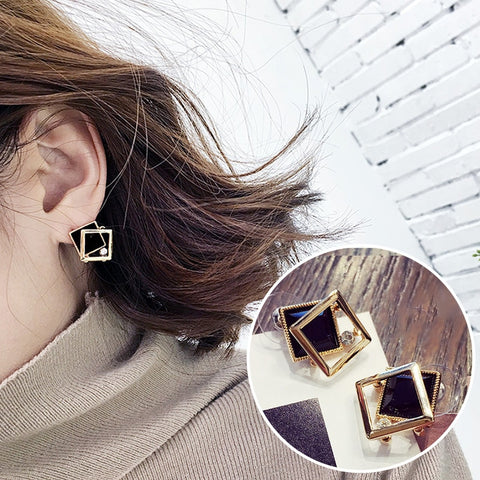 2019 Female Girls Black Square Stone Earrings Cute Silver Rose Gold Earrings  Jewelry Vintage Wedding Stud Earrings For Women