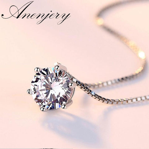 Anenjery 925 Sterling Silver Necklace AAA CZ Zirconia Pendant Necklace For Women Chain collares kolye Choker S-N46