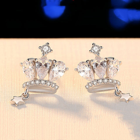Female Small Crown Stud Earrings Boho 925 Silver Wedding Earrings For Women Crystal Zircon Double Earrings