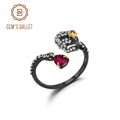 GEM'S BALLET Natural Ruby Gemstone Skull Gothic Ring 925 Sterling Silver Handmade Adjustable Open Rings For Women Fine Jewelry