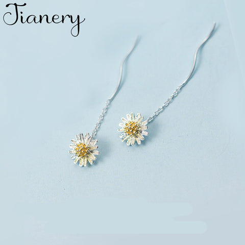 JIANERY 925 Sterling Silver Long Daisy Flower Earrings for Women Girls Christmas Gift Statement Jewelry Pendientes Plata 925