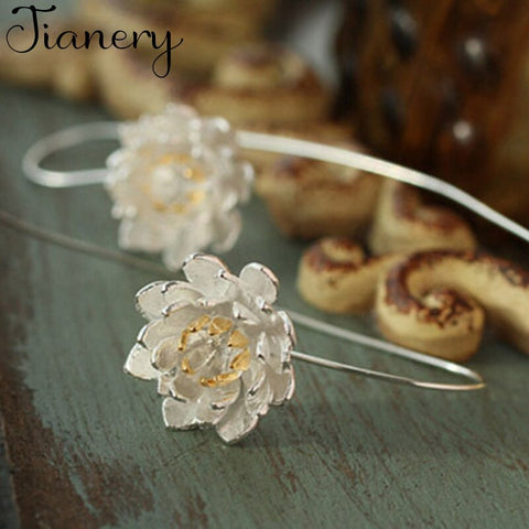 JIANERY 925 Sterling Silver Long Lotus Flower Earrings for Women Girls Christmas Gift Statement Jewelry Pendientes Plata 925
