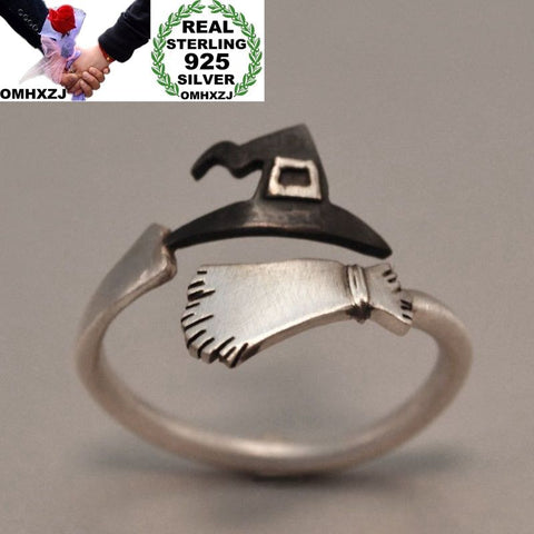 OMHXZJ Wholesale European Fashion Woman Man Party Wedding Gift Silver Witch Hat Broom Open 925 Sterling Silver Ring RR270