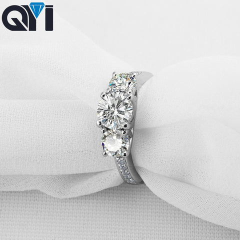 QYI Solid 925 Silver Rings Three Stone Four Catch 1 ct Simulated diamond Engagement Rings Jewelry Wedding Rings for Women Gift