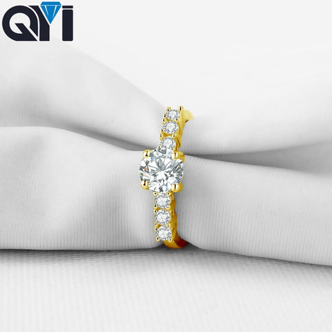 QYI Solitaire Engagement Ring 14K Solid Yellow Gold Round Cut Sona Simulated Wedding Diamond Rings For Women