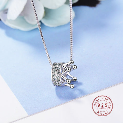 Unique Genuine 925 Sterling Silver Princess Crown Clear CZ Pendant Silver/Golg Charms Necklaces Chain Fine Jewelry For Women